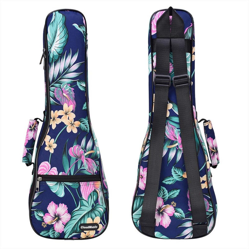 CLOUDMUSIC Ukulele Case Gig Bag Padded Backpack For Concert 23" Inch(Concert,Hawaii Hibiscus In Dark Blue) - Image 1